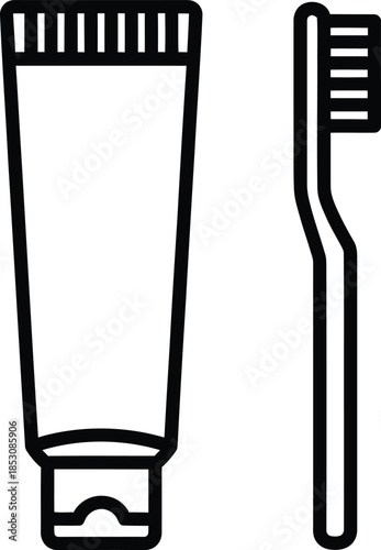 Black and white outline illustration of a toothpaste tube and a toothbrush, representing dental hygiene.
