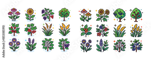 Colorful cartoon style garden plants and trees collection