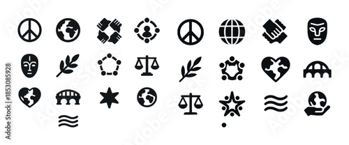 Set of peace and unity icons featuring global, environment, and