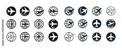 Set of airplane and globe icons representing global travel and a