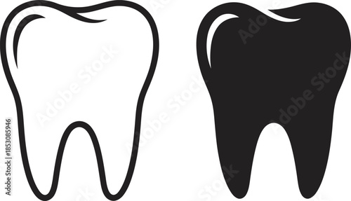 Two simple graphic icons of human teeth, one outlined and one solid black silhouette.