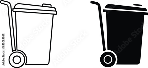 Vector illustration of a wheeled garbage can, presented as both an outline and a solid black icon.