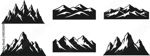 A collection of stylized black and white mountain range vector illustrations.