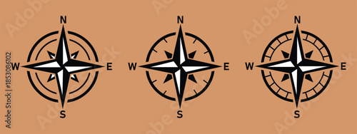 Set of diverse compass rose and navigational symbols vector illustrations. Black and white line art icons for direction, travel, exploration, and maritime design
