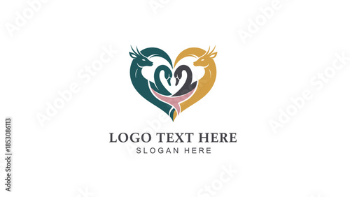 A heart-shaped logo featuring two swans embracing, with deer heads forming the outer edges, symbolizing love and nature.