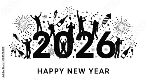 Celebratory new year design featuring joyful people and vibrant fireworks a striking silhouette