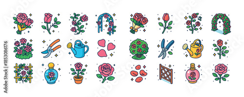 Colorful floral icons featuring roses, tools, and garden element