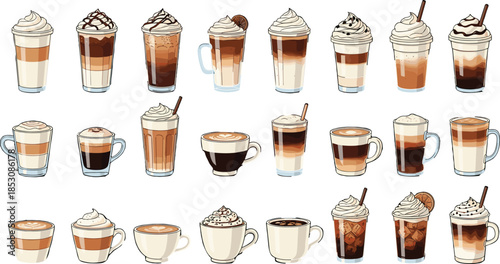 Vector illustration set of various coffee drinks including latte, cappuccino, espresso and iced coffee, collection of beverage icons for cafe menu design elements.