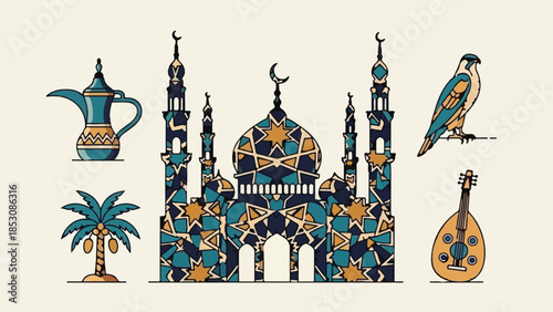 Set of Traditional Middle Eastern and Arabic Culture Vector Icons with Mosque, Falcon, and Date Palm