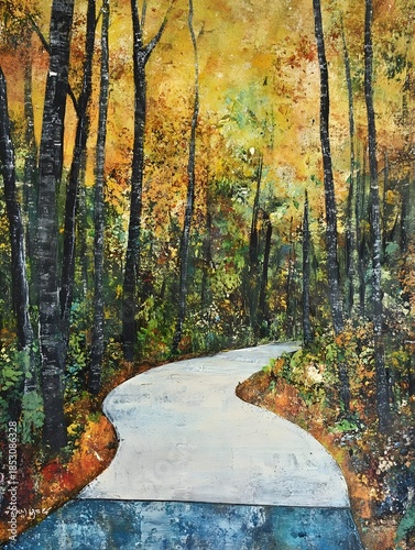 Winding path through autumn forest nature artwork vibrant colors serene atmosphere
