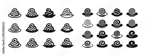 Collection of various iconic noodle symbols in black and white g