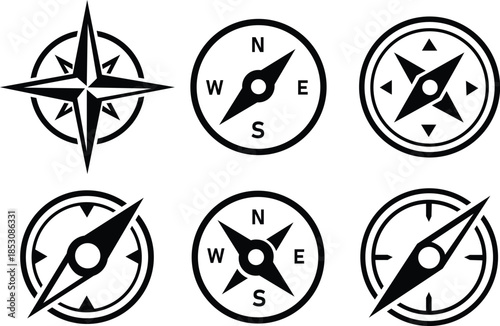 Compass simple icon set. Compass symbol set. Wind rose icon. Vector