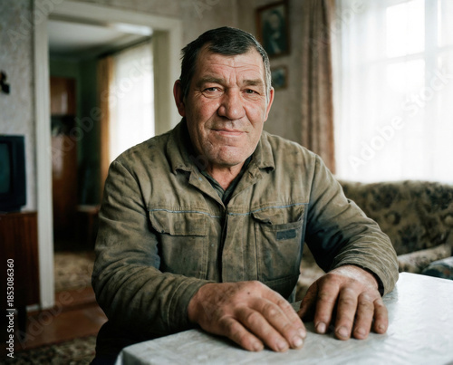 middle aged man with acromegaly syndrome sits alone at a table. He has a serious expression and his hands are resting on the surface. Natural light fills the room.