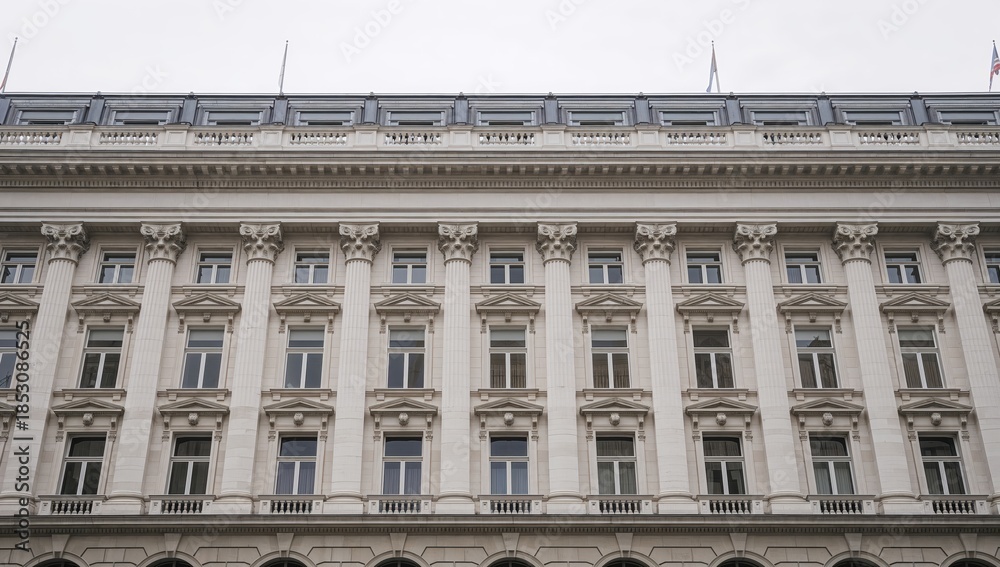 Obraz premium Corner Perspective of Neoclassical Building Exterior with Detailed Cornices and Multiple Rows of Windows
