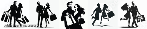vector silhouette of a couple doing Christmas shopping
