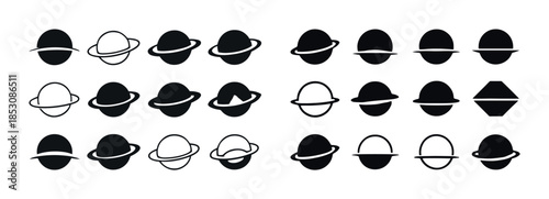 Set of planet icons with rings in various styles