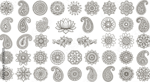 Vector Outline Set of Intricate Traditional Indian Paisley and Mandala Floral Designs, Detailed Henna Tattoo, Mehndi, and Decorative Circular Patterns, Lotus Flower Illustration.