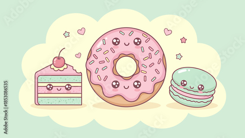 Kawaii Desserts A Sweet Collection of Cute Donuts, Slices of Cake, and Macarons for Delightful Designs