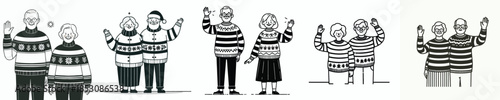 vector line art of a old couple standing waving hands