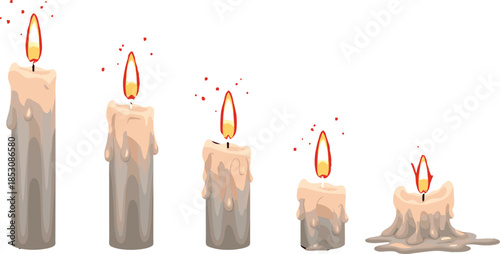 Vector Set of Burning Wax Candles Showing Different Stages of Melting and Dripping, Growing Shorter with Time, Fire Flame and Light Source Graphic, Isolated on White.