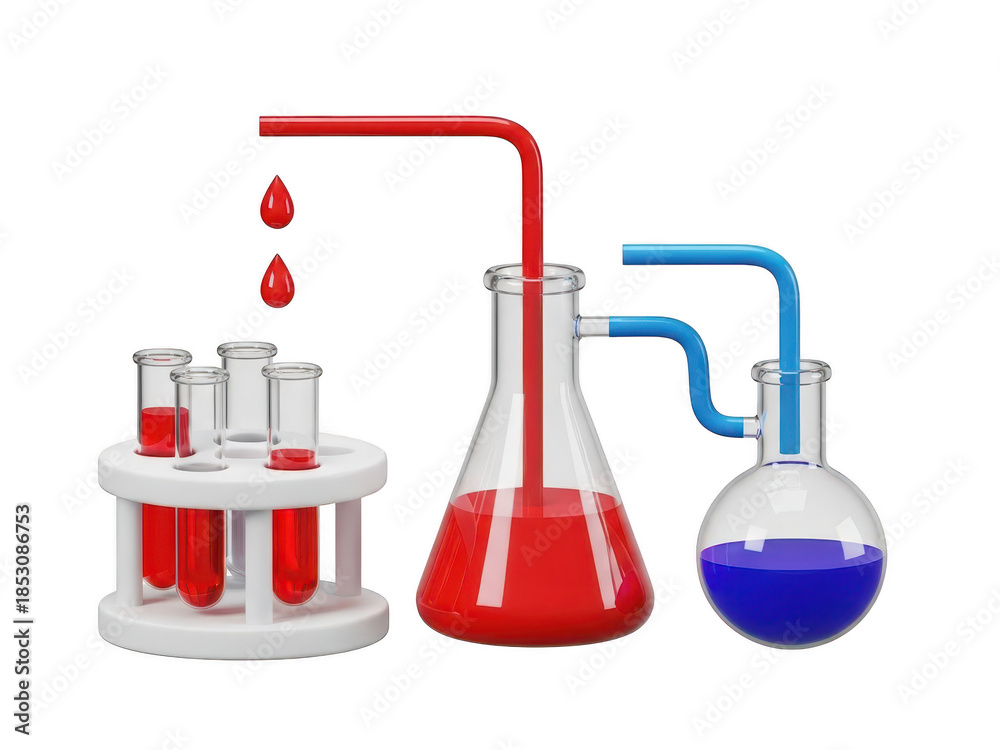 Obraz premium Laboratory equipment setup with test tubes and flasks for chemical experiments isolated on transparent background