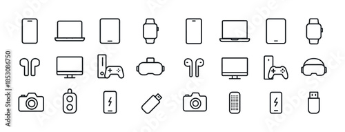 Outline icons of modern technology devices: laptop, tablet, smar