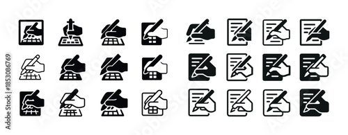 Handwriting icons set: diverse styles of writing and editing sym