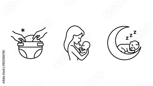 Modern outline icons illustrating fundamental baby needs and maternal love, covering hygiene, comfort, and peaceful sleep for infants, essential for new parents