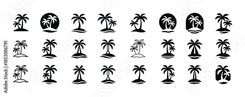 Set of 24 palm tree silhouettes in various island designs