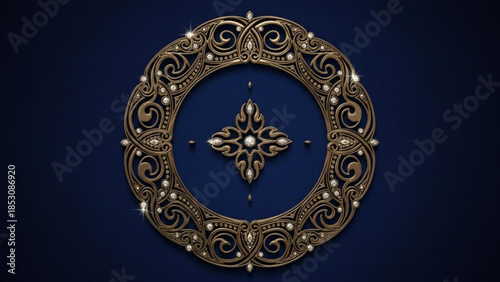 Intricate gold ornamental design with floral patterns and pearls on dark blue background