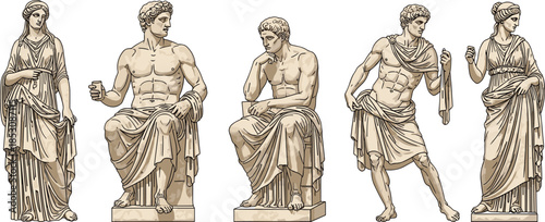 Vector Set of Five Detailed Ancient Greek and Roman Marble Statues, Classical Mythology Figures, Sculpture Collection with Men and Women in Togas, Isolated on White.