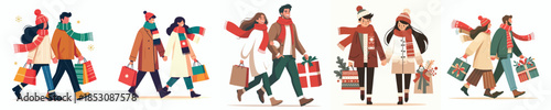 vector of a couple walking Christmas shopping