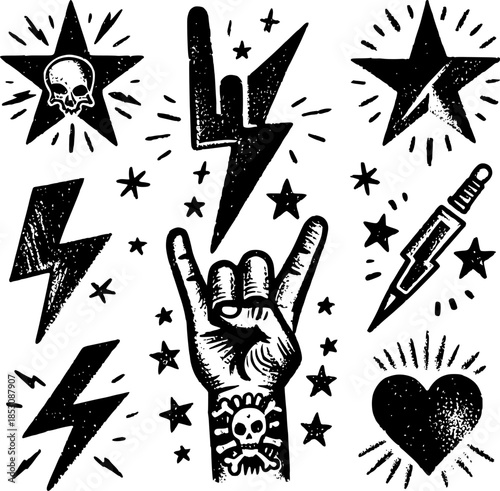 Vector illustration of a set featuring a seamless pattern with stars and arrows including hand drawn black icon elements and cartoon shape art symbols for a design collection