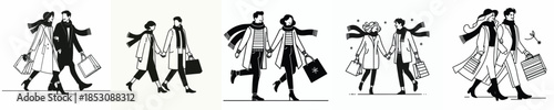 vector line art of a couple doing Christmas shopping