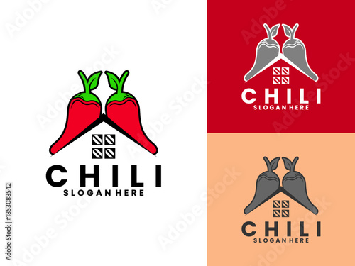 Red chili combination with house roof logo design vector template, Chili house icon design vector