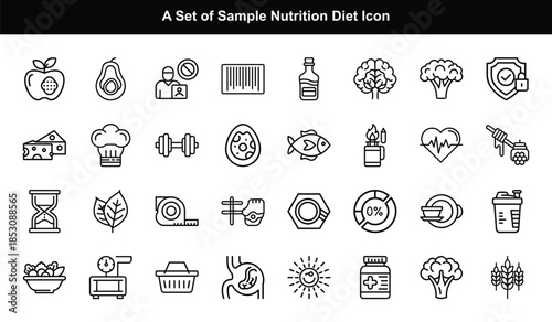 Nutrition and Diet Icons in Outline Style Keywords: nutrition, diet, icon, set, healthy eating