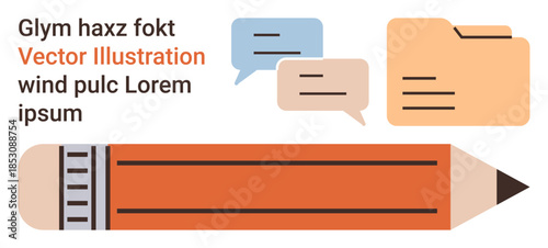 Communication, education, content creation, digital organization, teamwork, productivity. ion of a pencil, speech bubbles and folders. Communication and education idea