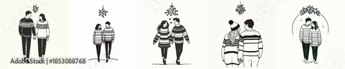 vector line art of a couple walking under a small mistletoe