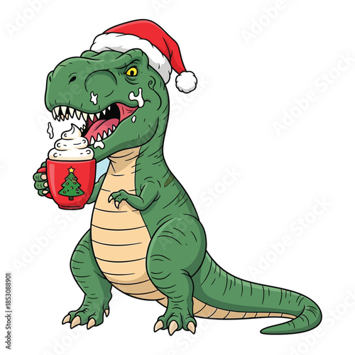 Tyrannosaurus rex enjoying warm whipped cream drink illustration wearing winter seasonal red cap.