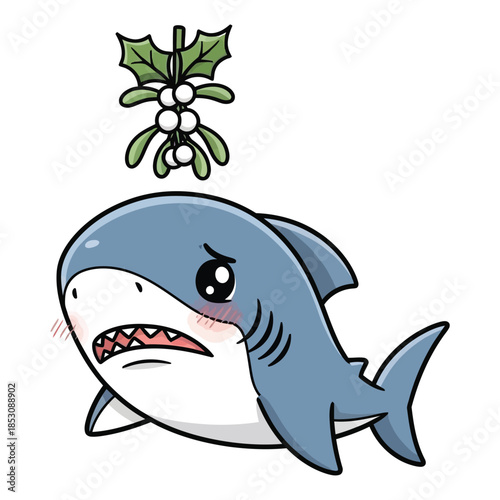 Cute shy shark under mistletoe illustration adorable vector design for winter seasonal celebration.