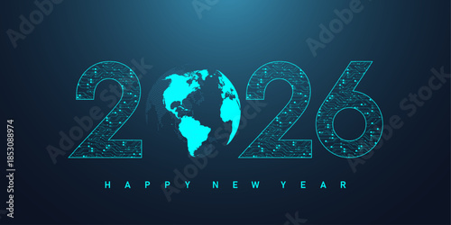 Christmas poster template 2026 in the style of new digits electronic technology circuit board texture. Tech digital banner or header 2026 New year, Merry Christmas card