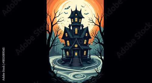 Haunted House on a Hill with Spooky Trees and Bats Flying in the Full Moon Sky, Spooky Halloween Night Scene