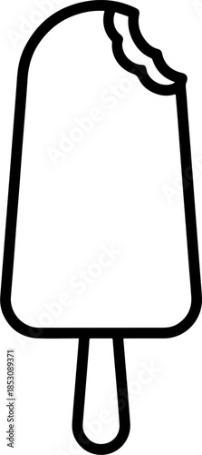 Icon of a stylized popsicle with a bite taken out of it, on a stick, simple outline graphic, isolated on white background, a sweet frozen treat