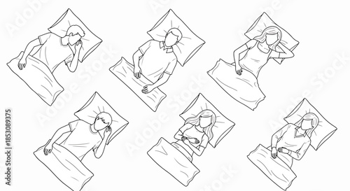 Illustrations of diverse people sleeping in various positions on beds with pillows and blankets, line art style, overhead view