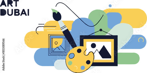 Modern Flat Design Illustration of Art Tools with Framed Pictures and Abstract Background