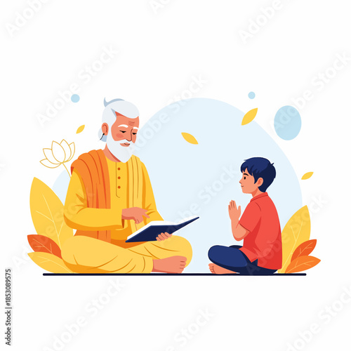 Indian Guru teaching a young boy lessons from a book in a peaceful natural setting with lotus flowers and falling leaves