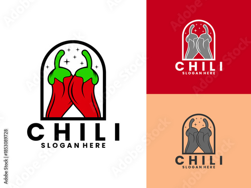 Two red chilies agriculture illustration logo design vector template, Chili logo design vector icon