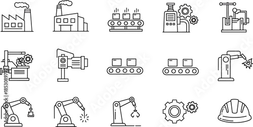 Industrial factory icons set, representing manufacturing processes, production lines, machinery, robotic arms, and safety helmet, clean outline vector illustrations