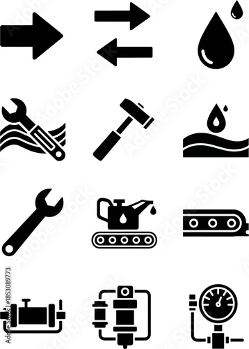Industrial machinery and tools set including a wrench, hammer, oil can on conveyor, pressure gauge, and components