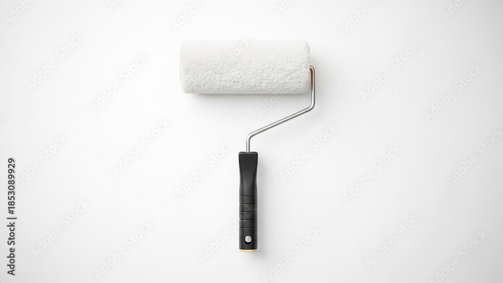 Obraz premium New paint roller with fluffy white cover for home improvement projects isolated on white background